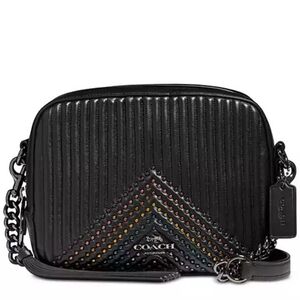 COACH Black Leather Crossbody Bag, Camera Bag with Rainbow Rivet Studs